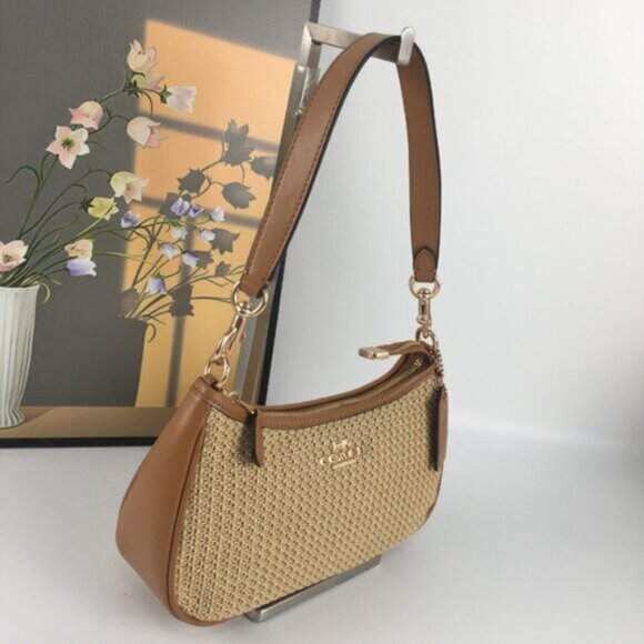 New COACH Teri 2way Shoulder Bag Crossbody Straw/Leather Latte - Picture 2 of 7